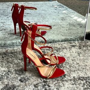 Red and gold open toe heels